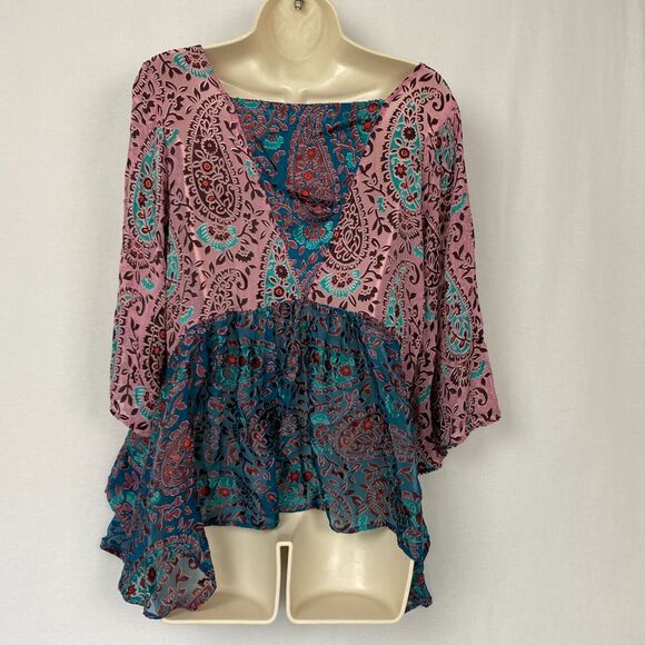 Floreat Anthropologie Top Small Valo Boho Paisley Burnout Bell Sleeve Silk Bld - Picture 5 of 13